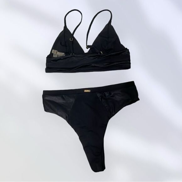 Beach Bunny Bikini Set Brazilian Cut Bottoms Triangle Top Black Size Medium - Picture 5 of 15